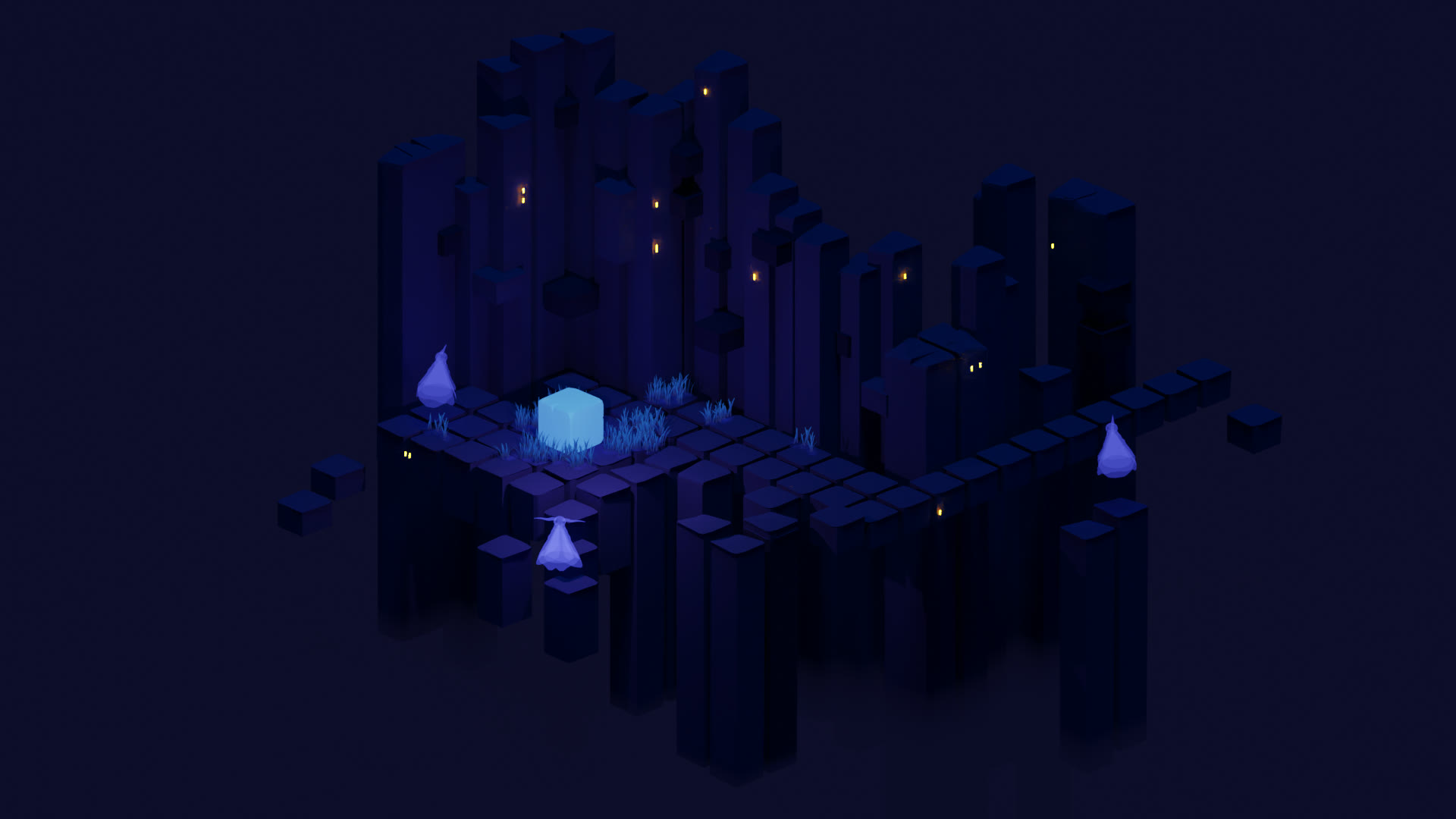 A Cube Story — the Moth Village at night: a glowing cube resting on dark stone pillars, surrounded by moths and firefly lights